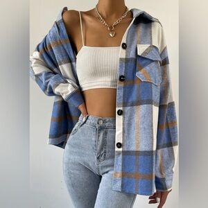 Blue and Brown Plaid Button-Up Shirt/Coat